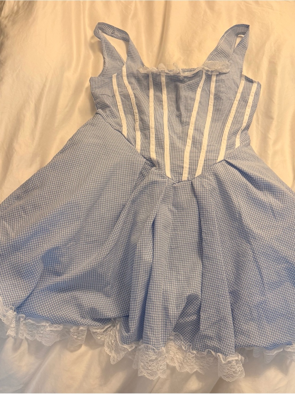 Blue Check Girls' Costume Dress with Lace Trim